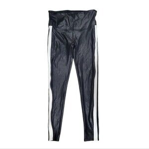 Spanx Faux Leather Leggings Black White Side Stripe Size Large Moto